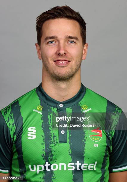 Will Davis of Leicestershire County Cricket Club poses for a portrait during the Leicestershire CCC photocall held at Uptonsteel County Ground on...