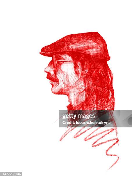 illustrazioni stock, clip art, cartoni animati e icone di tendenza di illustrazione disegno a matita in rosso profilo ritratto dell'uomo con baffi e barba - monochrome clothing