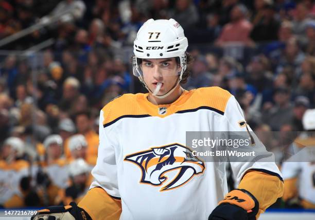 Luke Evangelista of the Nashville Predators prepares for a faceoff during an NHL game against the Buffalo Sabres on March 24, 2023 at KeyBank Center...
