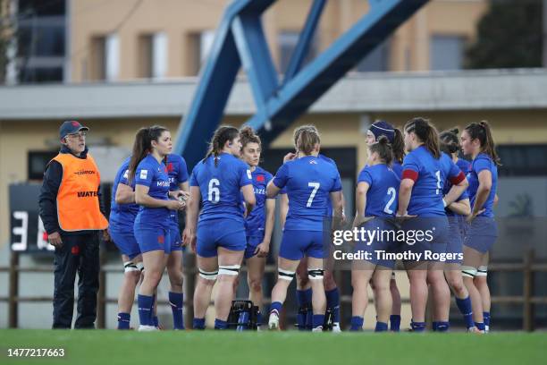 The French players gather together during a break in play during the Womens Six Nations match between Italy and France at Stadio Sergio Lanfranchi on...