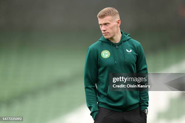 James McClean of Republic of Ireland inspects the pitch prior to the UEFA EURO 2024 qualifying round group B match between Republic of Ireland and...