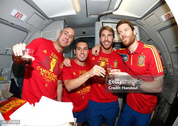 In this handout image supplied by the Royal Spanish Football Federation, Pepe Reina, Santi Cazorla, Sergio Ramos and Xabi Alonso of Spain celebrate...