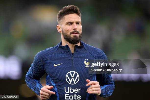 Olivier Giroud of France looks on during warm up in the UEFA EURO 2024 qualifying round group B match between Republic of Ireland and France at...