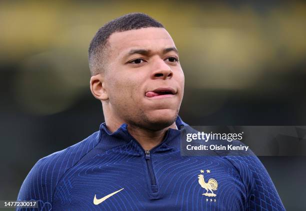 Kylian Mbappe of France looks on during warm up in the UEFA EURO 2024 qualifying round group B match between Republic of Ireland and France at Dublin...