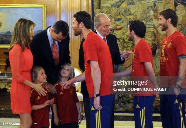 Princess Letizia , Spanish Crown Prince Felipe , Spanish King Juan Carlos Princesses Leonor and Sofia , congratulate, from left, national football...