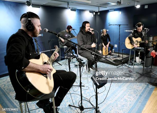 Nick Fuelling, Joey "Chicago" Walser, Leigh Kakaty, Hayley Cramer and Dave Grahs of the band Pop Evil visit SiriusXM at SiriusXM Studios on March 27,...