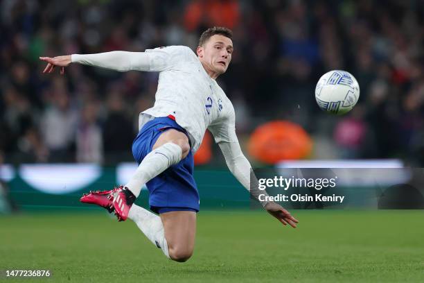 Benjamin Pavard of France controls the ball during the UEFA EURO 2024 qualifying round group B match between Republic of Ireland and France at Dublin...