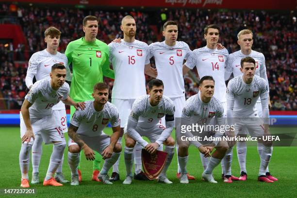Players of Poland pose for a team photograph prior to the UEFA EURO 2024 qualifying round group B match between Poland and Albania at National...