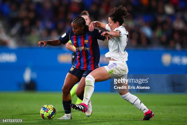 Geyse Ferreira of FC Barcelona is tackled by Ivana Andres of Real Madrid during the Finetwork Liga F match between FC Barcelona and Real Madrid...