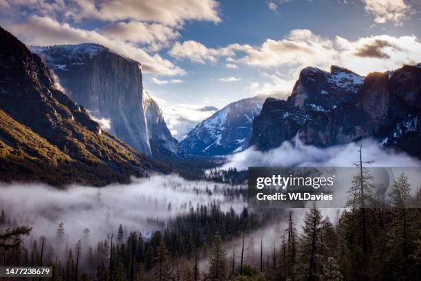 yosemite valley im nebel - yosemite stock-fotos und bilder