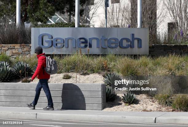 Sign is posted in front of a Genentech office on March 27, 2023 in South San Francisco, California. Biotech drug manufacturer Genentech announced...