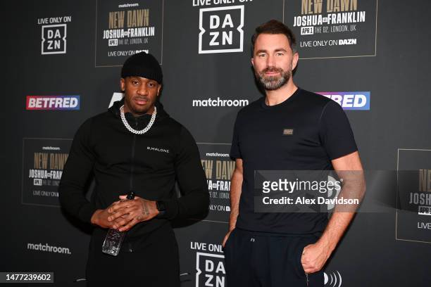 Bugzy Malone and Eddie Hearn pose for a photograph as they arrive for the Anthony Joshua and Jermaine Franklin Launch Party at Battersea Power...