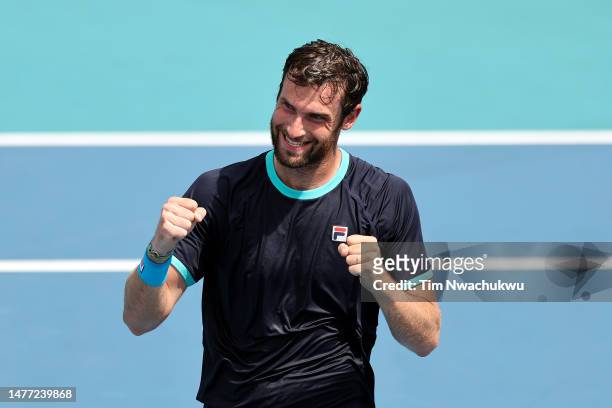 Quentin Halys of France reacts after defeating Mackenzie McDonald of the United States during the Miami Open at Hard Rock Stadium on March 27, 2023...