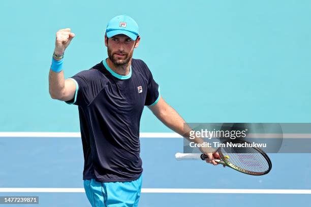 Quentin Halys of France reacts after defeating Mackenzie McDonald of the United States during the Miami Open at Hard Rock Stadium on March 27, 2023...