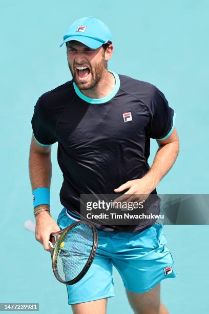 Quentin Halys of France reacts during a match against Mackenzie McDonald of the United States during the Miami Open at Hard Rock Stadium on March 27,...