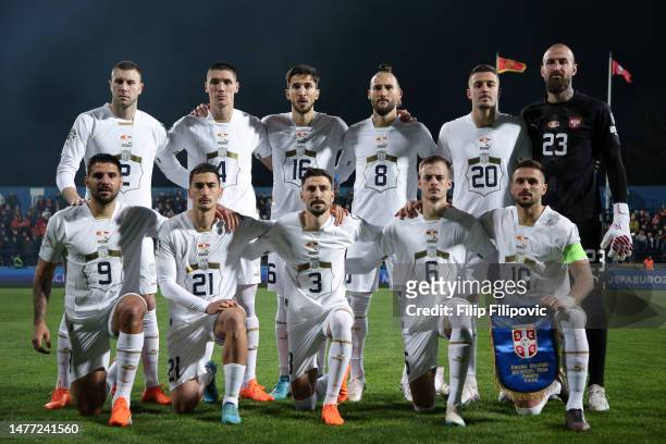 Players of Serbia pose for a team photograph prior to the UEFA EURO 2024 qualifying round group B match between Montenegro and Serbia at Podgorica...