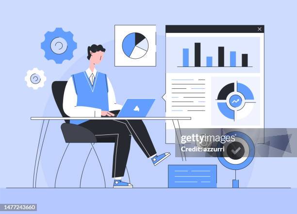 flat design cartoon illustration. business analytics concept. - performance review stock illustrations
