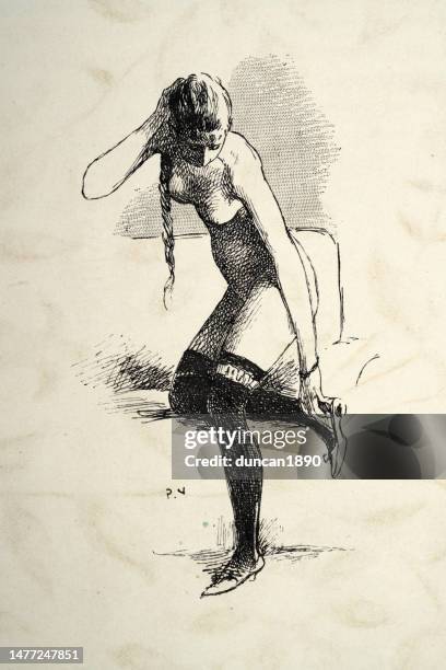vintage illustration of sketch of a young woman putting on stockings, victorian french, 1890s, 19th century - vintage garter belt stock illustrations