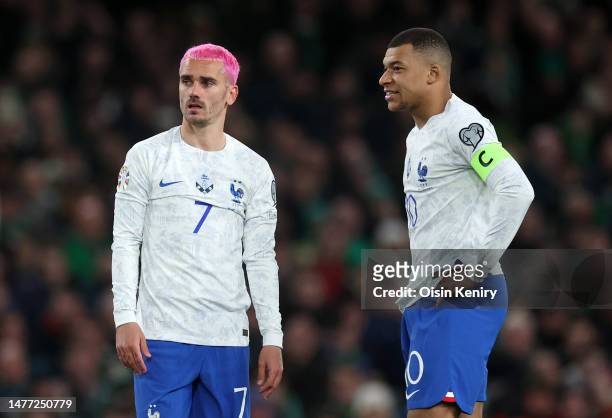 Antoine Griezmann and Kylian Mbappe of France look on during the UEFA EURO 2024 qualifying round group B match between Republic of Ireland and France...