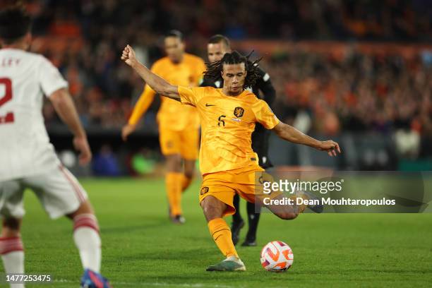Nathan Ake of Netherlands scores the team's third goal during the UEFA EURO 2024 qualifying round group B match between Netherlands and Gibraltar at...