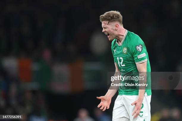 Nathan Collins of Republic of Ireland reacts during the UEFA EURO 2024 qualifying round group B match between Republic of Ireland and France at...