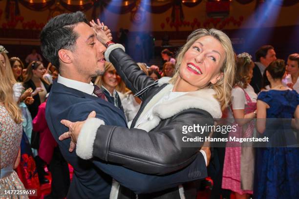 René Casselly, Winner of Ninja Warrior Germany and Let’s Dance, and Monika Gruber during the "Tracht & Show" at Circus Krone on March 27, 2023 in...
