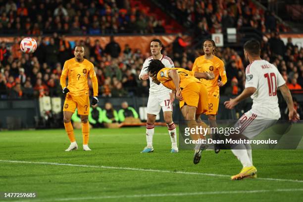 Nathan Ake of Netherlands scores the team's second goal during the UEFA EURO 2024 qualifying round group B match between Netherlands and Gibraltar at...