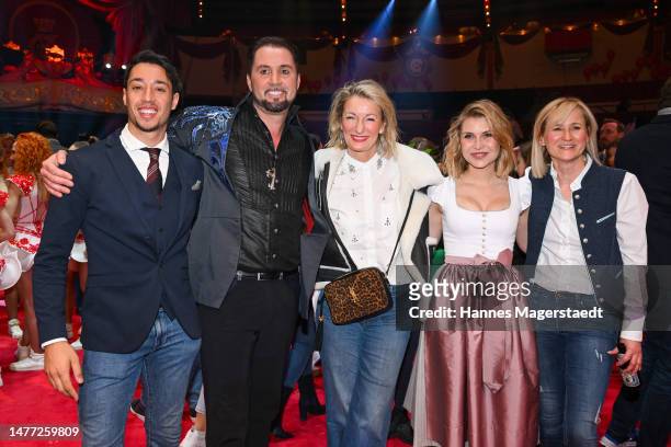 René Casselly, Martin Lacey Jr., Monika Gruber, Sarah Thonig and fashion designer Katharina Lukas during the "Tracht & Show" at Circus Krone on March...
