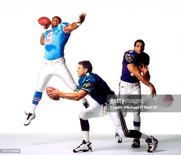 Quarterbacks Steve McNair , Mark Brunell and Vinny Testaverde are photographed for Sports Illustrated on July 3, 1997 in New York City. CREDIT MUST...