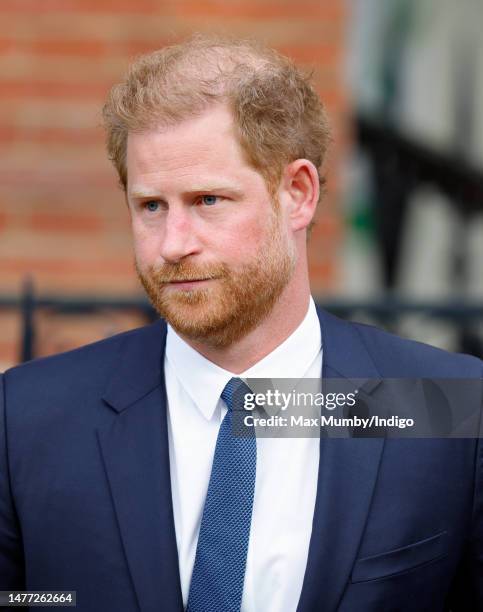 Prince Harry, Duke of Sussex departs the Royal Courts of Justice on March 27, 2023 in London, England. Prince Harry is one of several claimants in a...