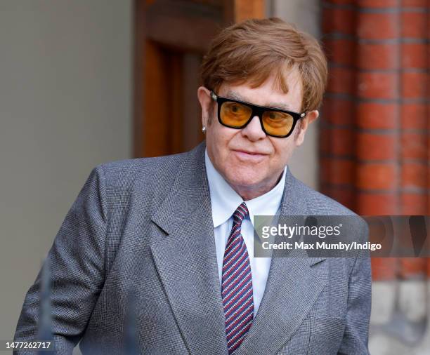 Sir Elton John departs the Royal Courts of Justice on March 27, 2023 in London, England. Sir Elton John and Prince Harry, Duke of Sussex are two of...