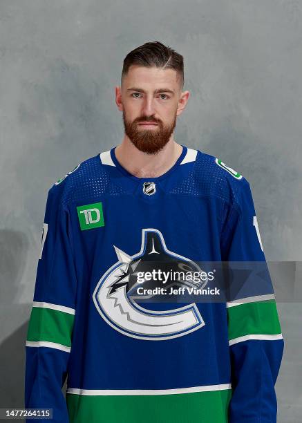 Filip Hronek of the Vancouver Canucks poses for his official headshot for the 2022-2023 season before their NHL game against the the San Jose Sharks...