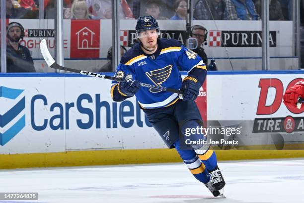 Kasperi Kapanen of the St. Louis Blues skates against the Detroit Red Wings at the Enterprise Center on March 21, 2023 in St. Louis, Missouri.