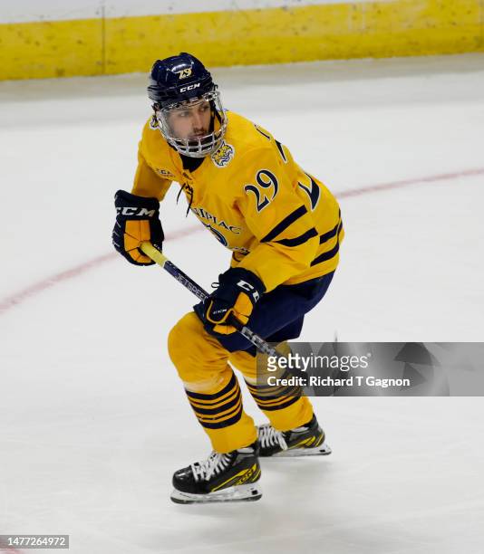 Cristophe Tellier of the Quinnipiac Bobcats skates against the Ohio State Buckeyes during the first period during the NCAA Division I Men's Ice...