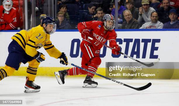 Tate Singleton of the Ohio State Buckeyes shoots the puck against the Quinnipiac Bobcats during the second period during the NCAA Division I Men's...