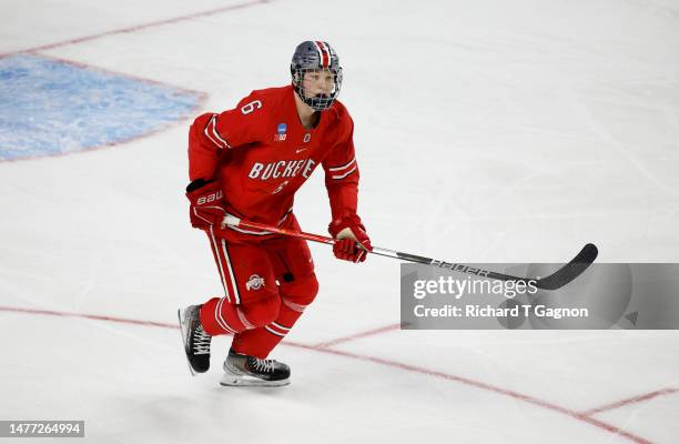 Mason Lohrei of the Ohio State Buckeyes skates against the Quinnipiac Bobcats during the first period during the NCAA Division I Men's Ice Hockey...