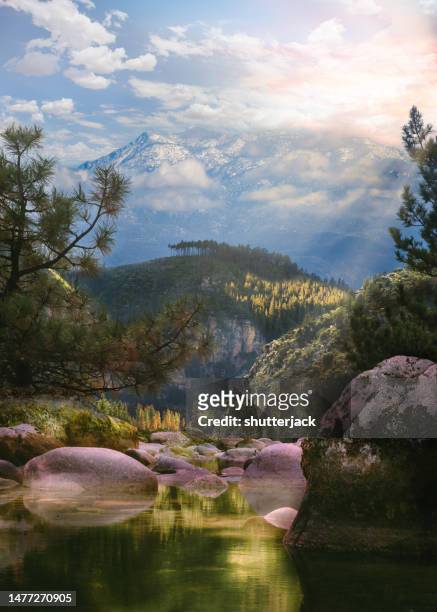 tranquil mountain river in rural landscape - photoshop stock pictures, royalty-free photos & images