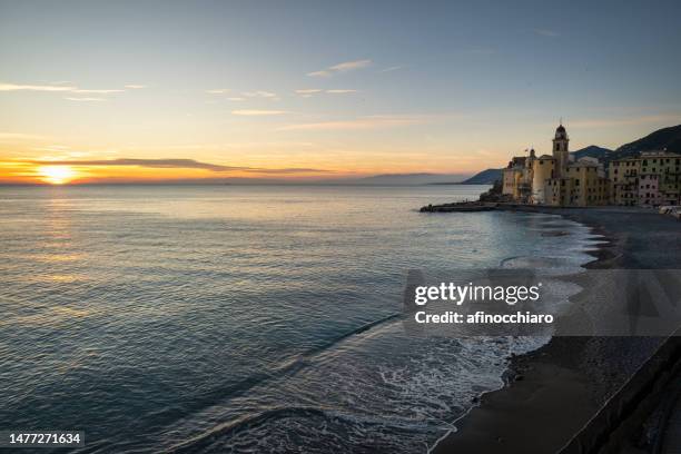 coastal villagescape at sunrise, camogli, genoa, liguria, italy - camogli stock pictures, royalty-free photos & images