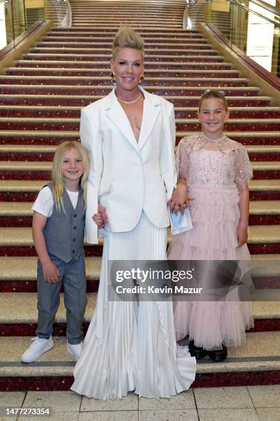 Jameson Hart, P!NK, and Willow Sage Hart attend the 2023 iHeartRadio Music Awards at Dolby Theatre in Los Angeles, California on March 27, 2023....