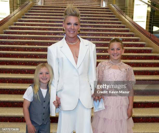 Jameson Hart, P!NK, and Willow Sage Hart attend the 2023 iHeartRadio Music Awards at Dolby Theatre in Los Angeles, California on March 27, 2023....