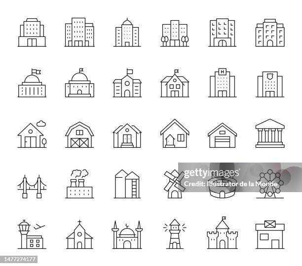 ilustraciones, imágenes clip art, dibujos animados e iconos de stock de iconos de línea de edificios - government building
