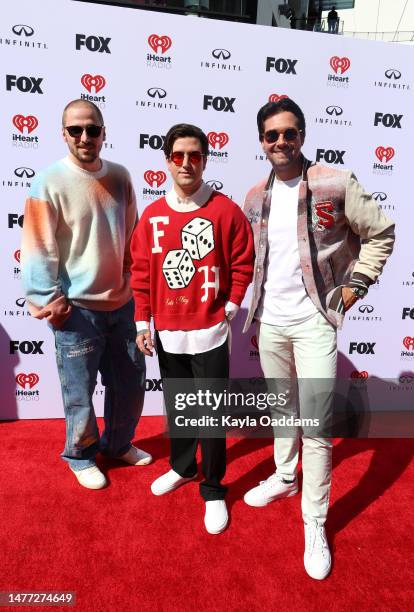 Kendall Schmidt, Logan Henderson and James Maslow of Big Time Rush attend the 2023 iHeartRadio Music Awards at Dolby Theatre on March 27, 2023 in...