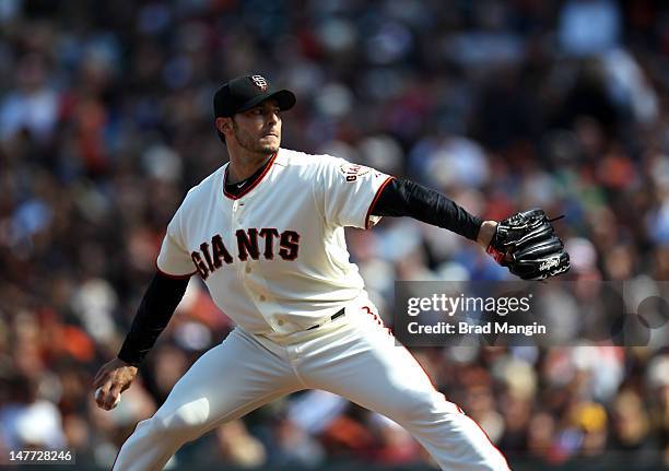 Clay Hensley of the San Francisco Giants pitches during the game against the Arizona Diamondbacks on Memorial Day, May 28, 2012 at AT&T Park in San...