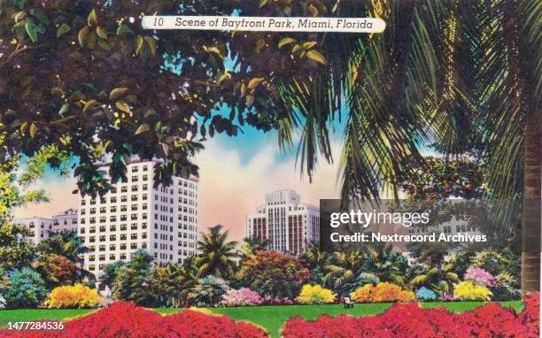 Vintage colorized historic souvenir photo postcard published circa 1935 as part of a series titled, 'Moon Over Miami,' depicting a view of the...