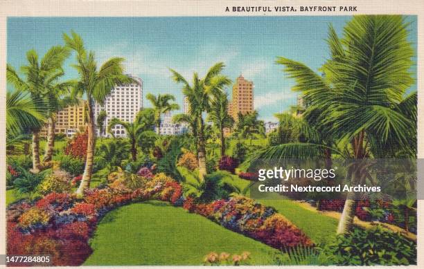 Vintage colorized historic souvenir photo postcard published circa 1935 as part of a series titled, 'Miami the Magic City,' depicting a view of the...
