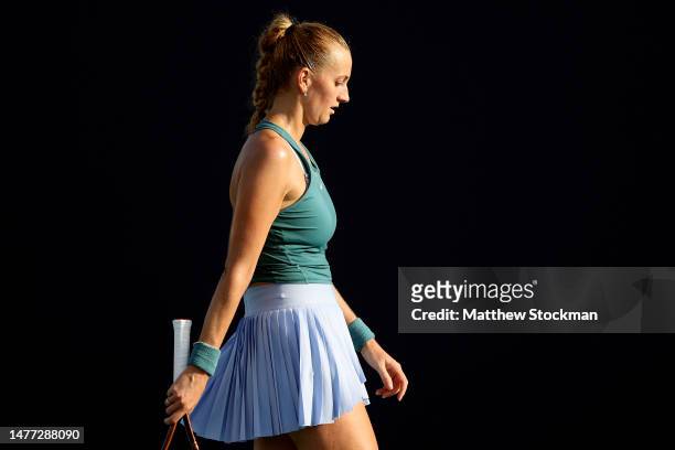 Petra Kvitova of Czech Republic plays Varvara Gracheva of Russia during the Miami Open at Hard Rock Stadium on March 27, 2023 in Miami Gardens,...
