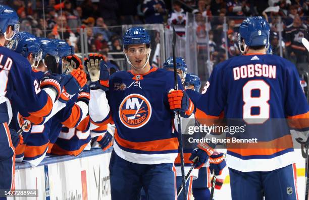 Pierre Engvall of the New York Islanders celebrates his first period goal against the New Jersey Devils at the UBS Arena on March 27, 2023 in Elmont,...