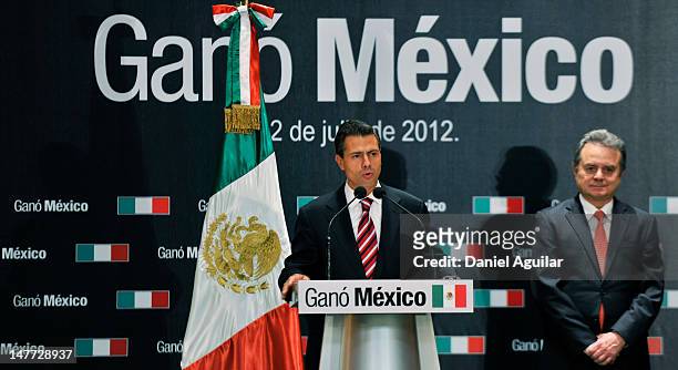 Presidential candidate Enrique Pena Nieto of the Institutional Revolutionary Party speaks during a press conference on July 2, 2012 in Mexico City,...