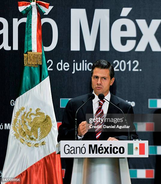 Presidential candidate Enrique Pena Nieto of the Institutional Revolutionary Party speaks during a press conference on July 2, 2012 in Mexico City,...