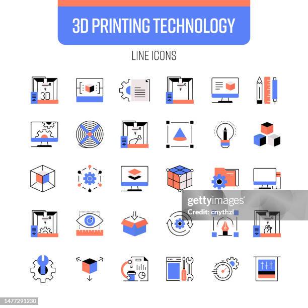 ilustraciones, imágenes clip art, dibujos animados e iconos de stock de conjunto de iconos de línea de impresión 3d. impresora, 3d, tecnología, diseño, plástico, fabricación, objeto, equipo - 3d printing